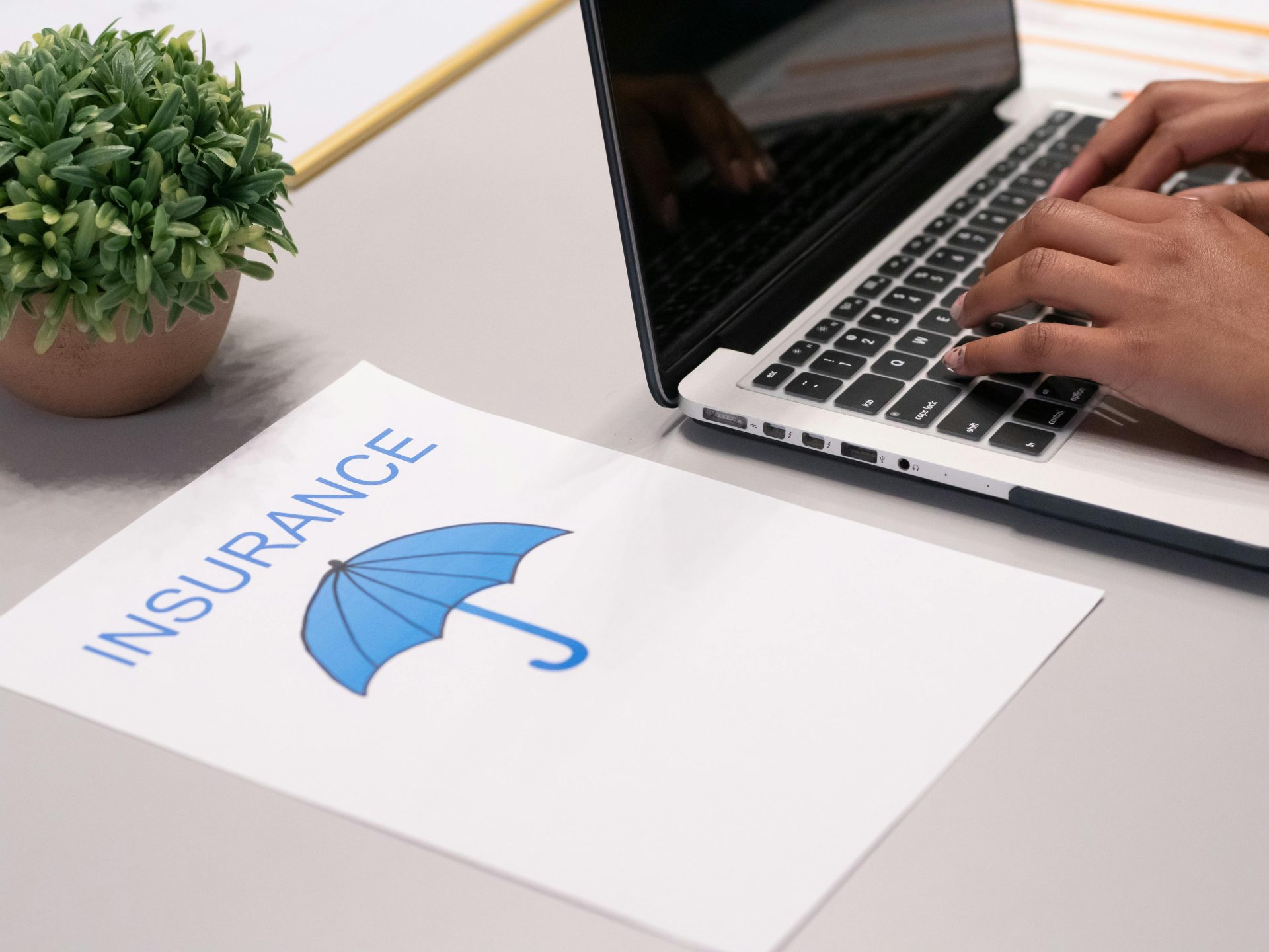 Hands typing beside insurance document and plant.